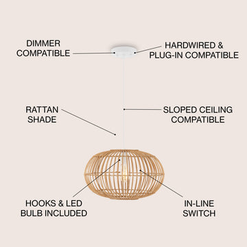 Leo 17.5" Farmhouse Coastal Rattan 180" Cord Plug-In or Hardwired LED Pendant - JONATHAN Y